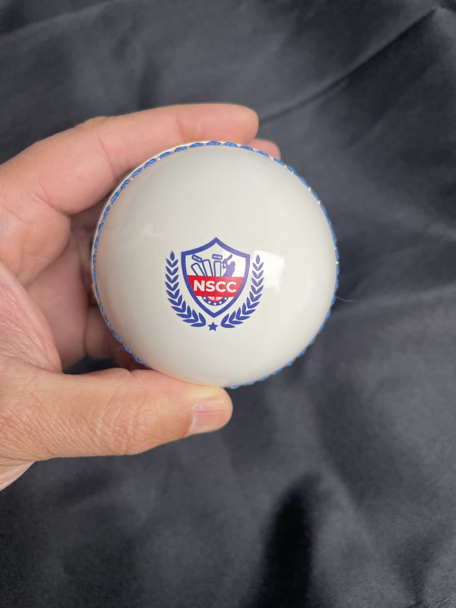 A hand holding a white ball featuring the NSCC logo and decorative blue stitching.